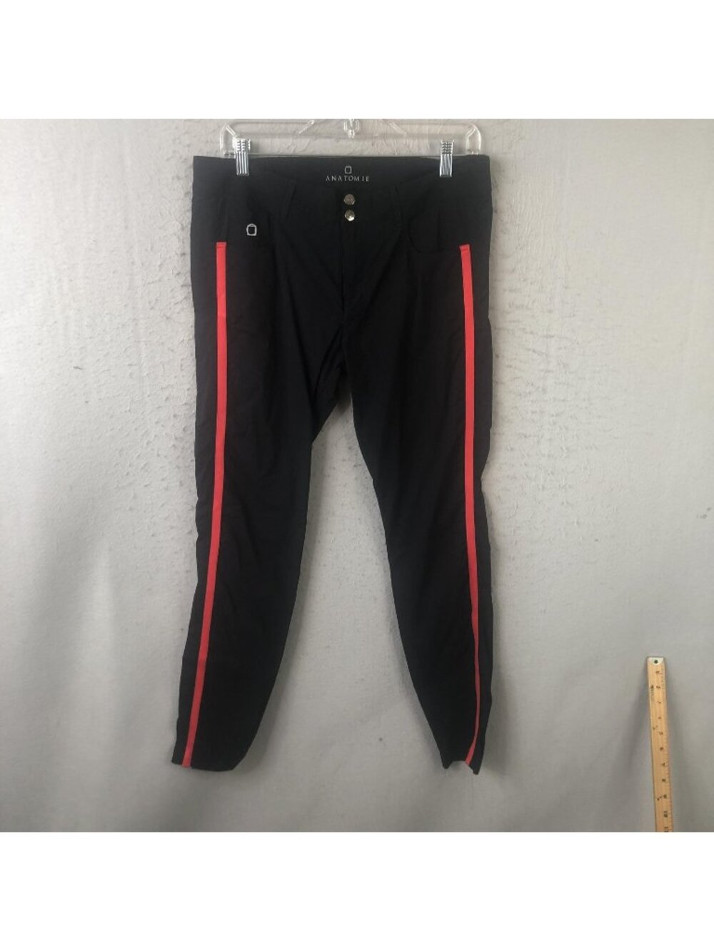 Anatomie Pants Womens L Black Microfiber Ankle Slim Tapered Travel Red Stripe